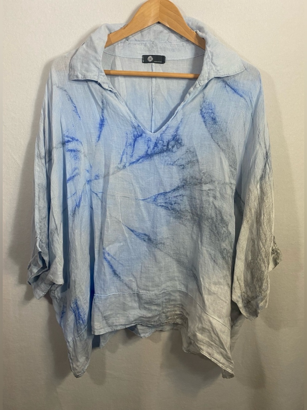 M Made In Italy Women’s Boho Chic Light Blue 100% Linen Long Sleeve Blouse XL